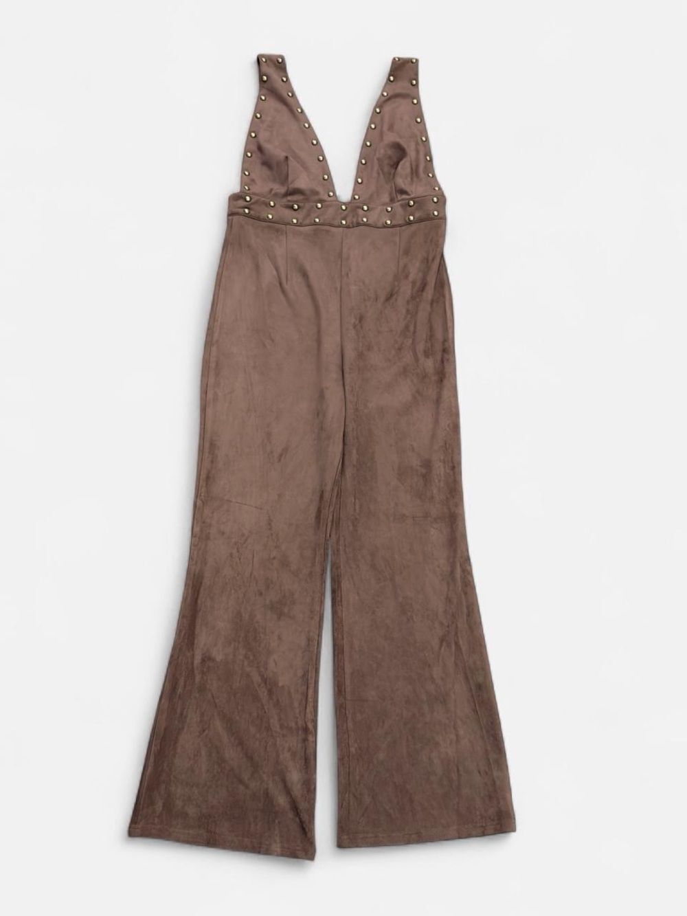 Stud-Trim Brown Suede Jumpsuit